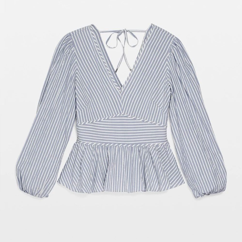 White House Black Market Blue & White Striped Peplum V-Neck Blouse